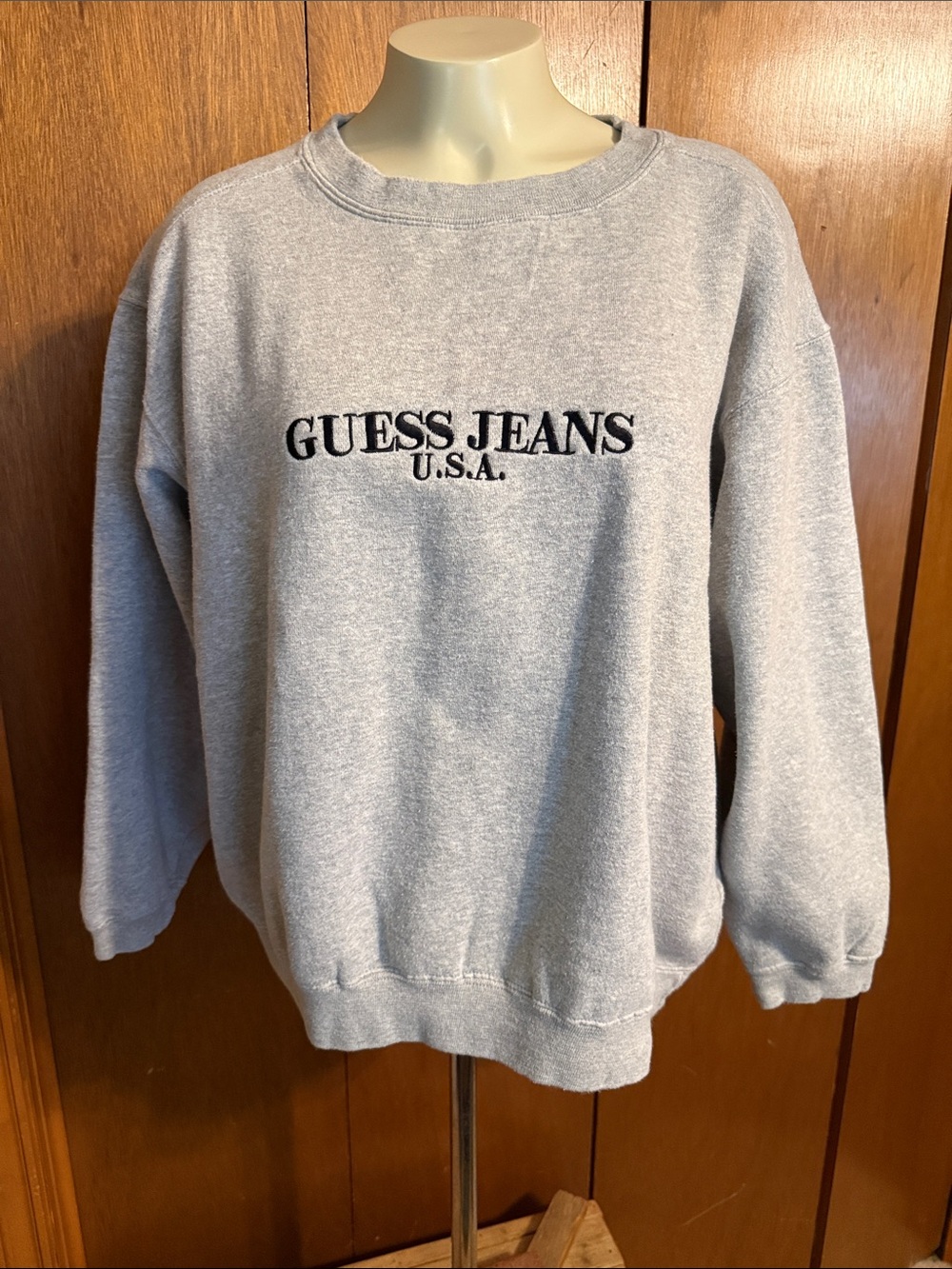 Women’s Guess Light Gray Crewneck Sweatshirt with Embroidered Logo